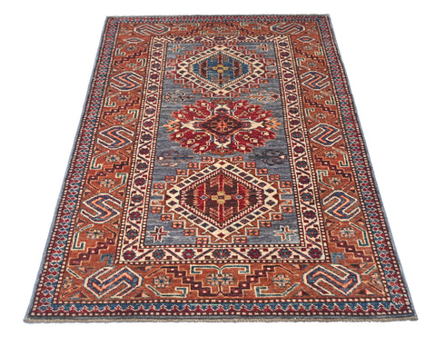 3x5 Gray Rust Kazak Afghan Hand Knotted Geometric Wool Area Rug